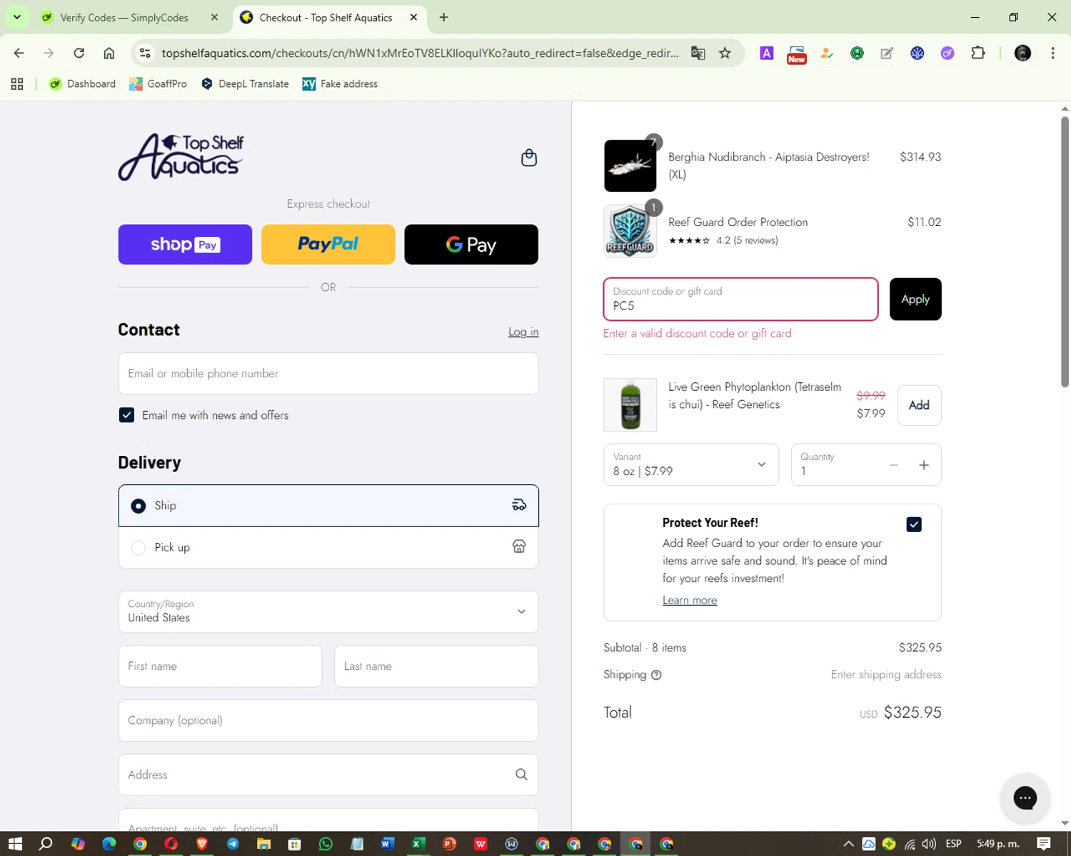 Top Shelf Aquatics coupon code screenshot showing code PC5 applied at Top Shelf Aquatics checkout page. Uploaded by SimplyCodes community member Aspen_Colorado on Aug 18, 2025