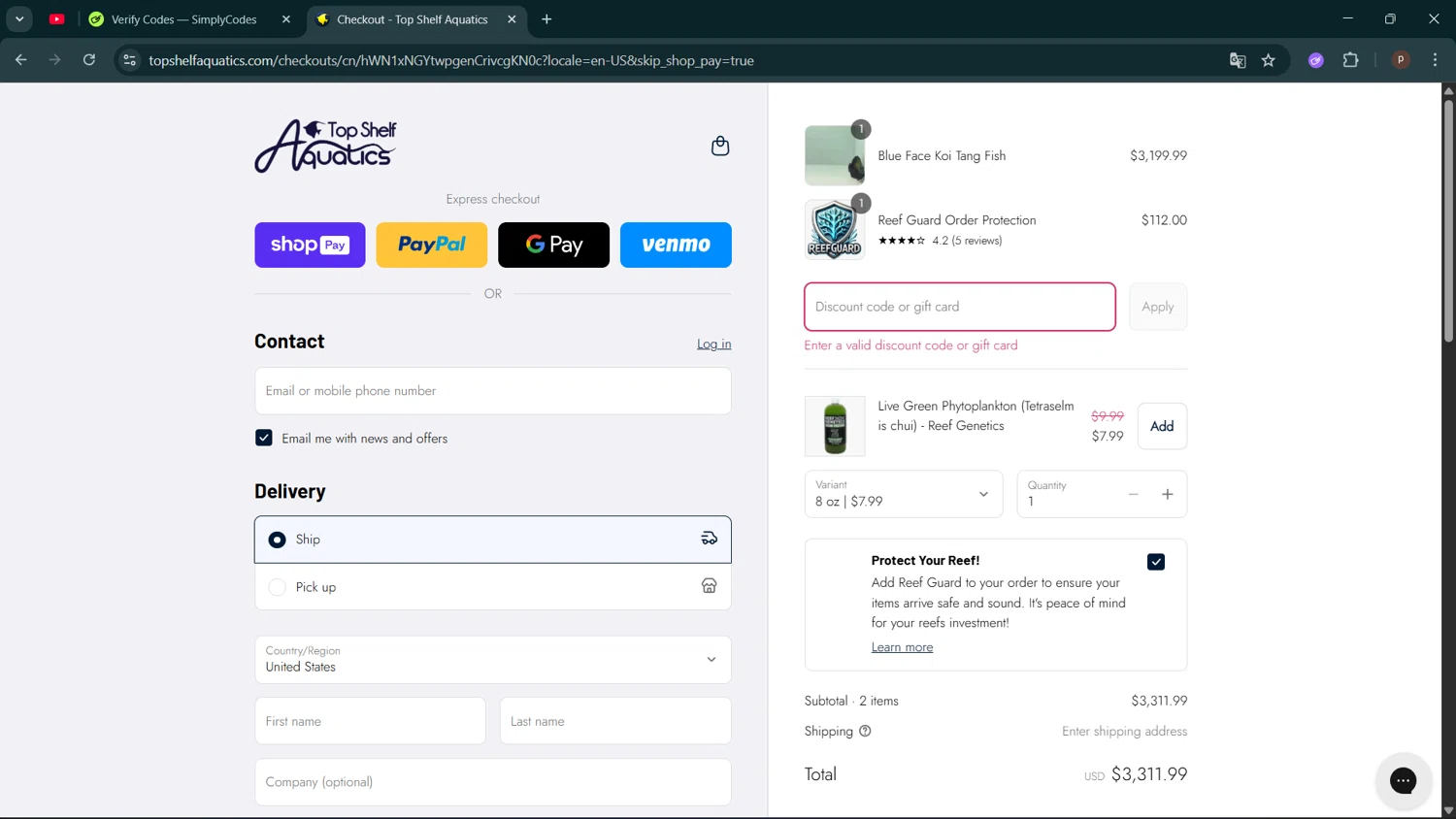 Top Shelf Aquatics coupon code screenshot showing code PC5 applied at Top Shelf Aquatics checkout page. Uploaded by SimplyCodes community member ShrewdPro2243 on Aug 18, 2025