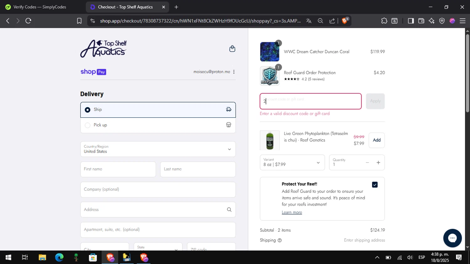 Top Shelf Aquatics coupon code screenshot showing code PC20 applied at Top Shelf Aquatics checkout page. Uploaded by SimplyCodes community member Pitochu on Aug 18, 2025