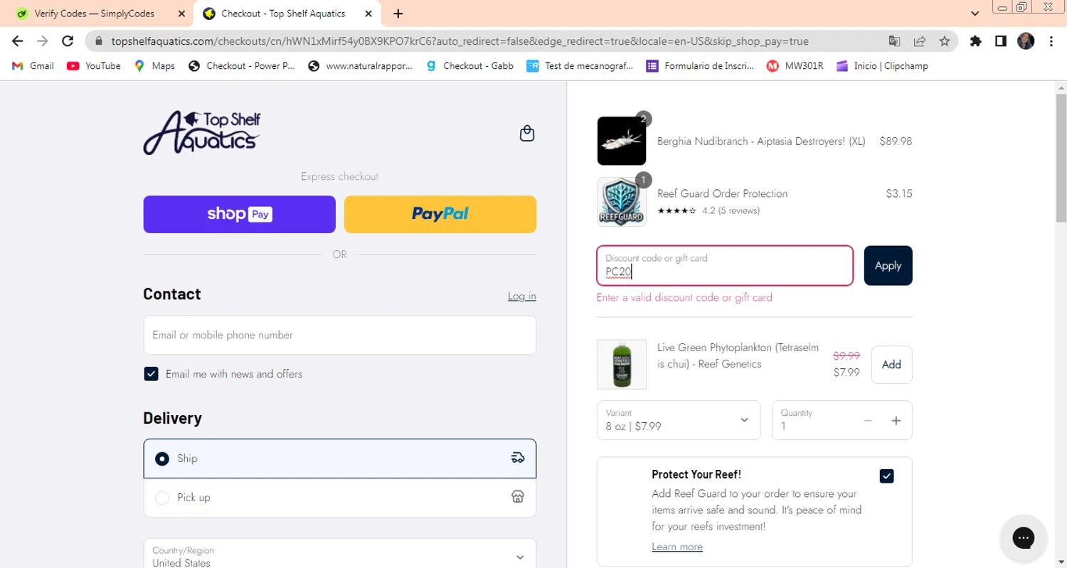Top Shelf Aquatics coupon code screenshot showing code PC20 applied at Top Shelf Aquatics checkout page. Uploaded by SimplyCodes community member PrimeAdmiral8733 on Aug 18, 2025