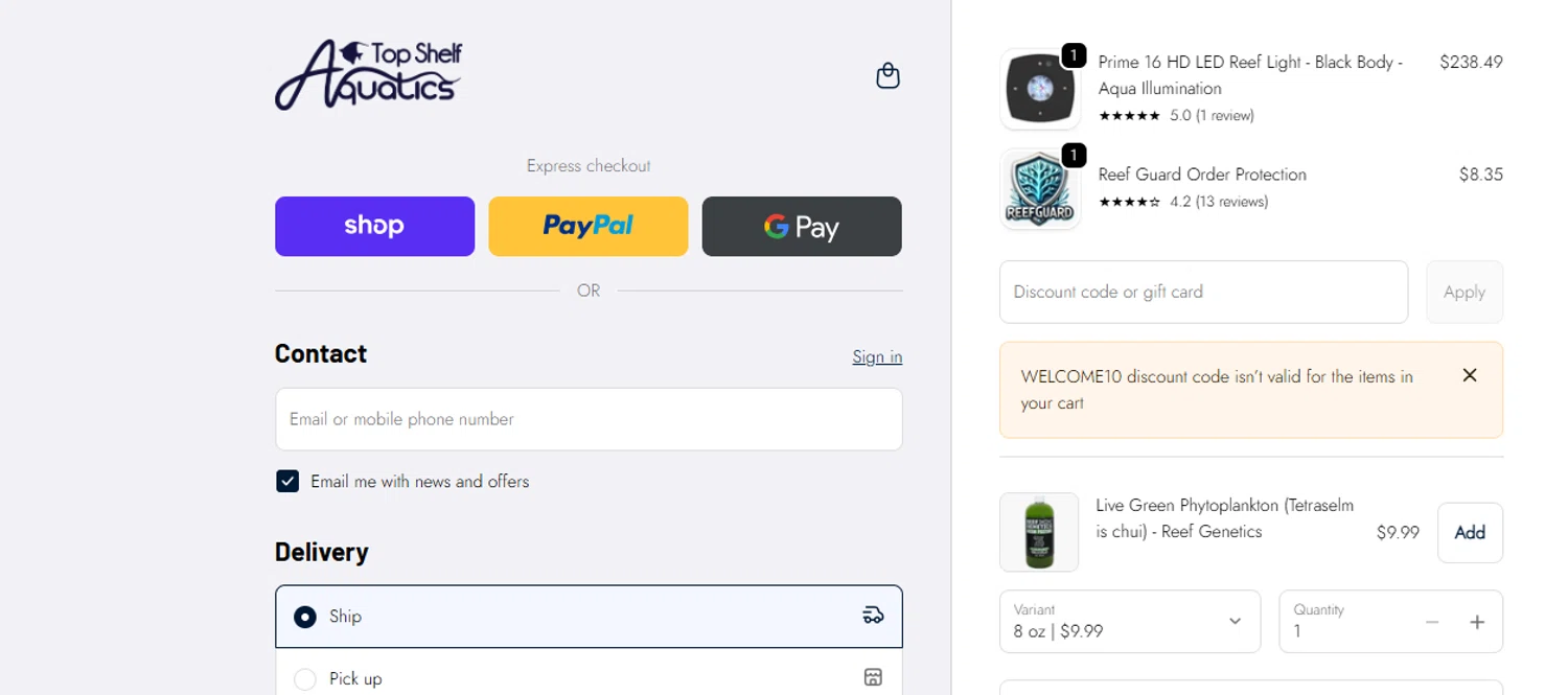 Top Shelf Aquatics coupon code screenshot showing code welcome10 applied at Top Shelf Aquatics checkout page. Uploaded by SimplyCodes community member ashe1986 on Dec 25, 2025