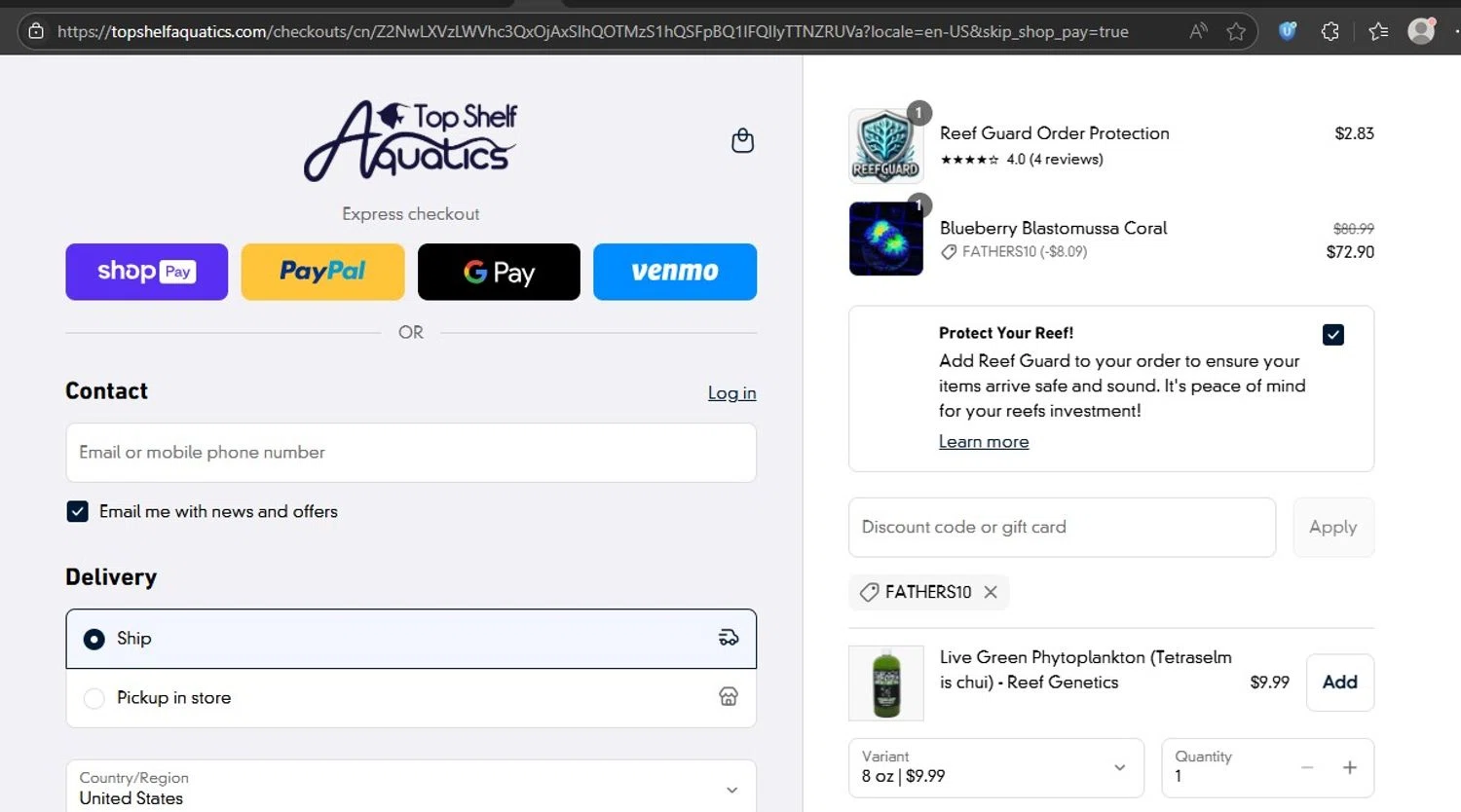 Top Shelf Aquatics coupon code screenshot showing code FATHERS10 applied at Top Shelf Aquatics checkout page. Uploaded by SimplyCodes community member HonestVzla on Jun 14, 2025