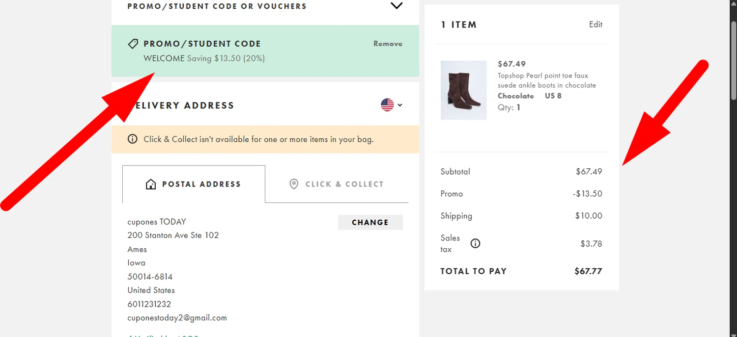 Topshop promo code screenshot showing code WELCOME applied at Topshop checkout page. Uploaded by SimplyCodes community member ______________ on Nov 27, 2025