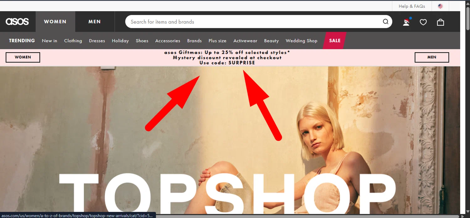 Topshop promo code screenshot showing code SURPRISE applied at Topshop checkout page. Uploaded by SimplyCodes community member ______________ on Dec 22, 2025