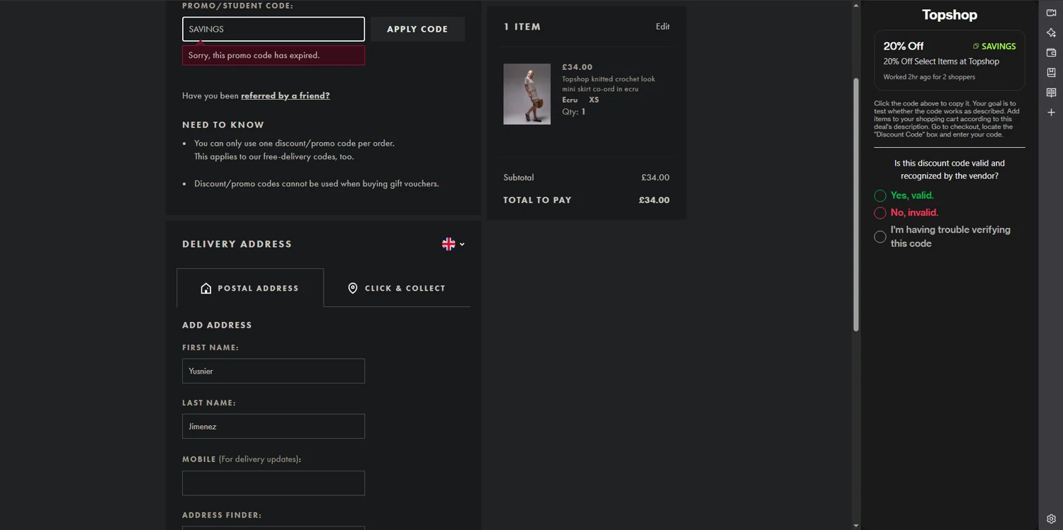 Topshop promo code screenshot showing code SAVINGS applied at Topshop checkout page. Uploaded by SimplyCodes community member POWERRANGERRED on Jun 14, 2025