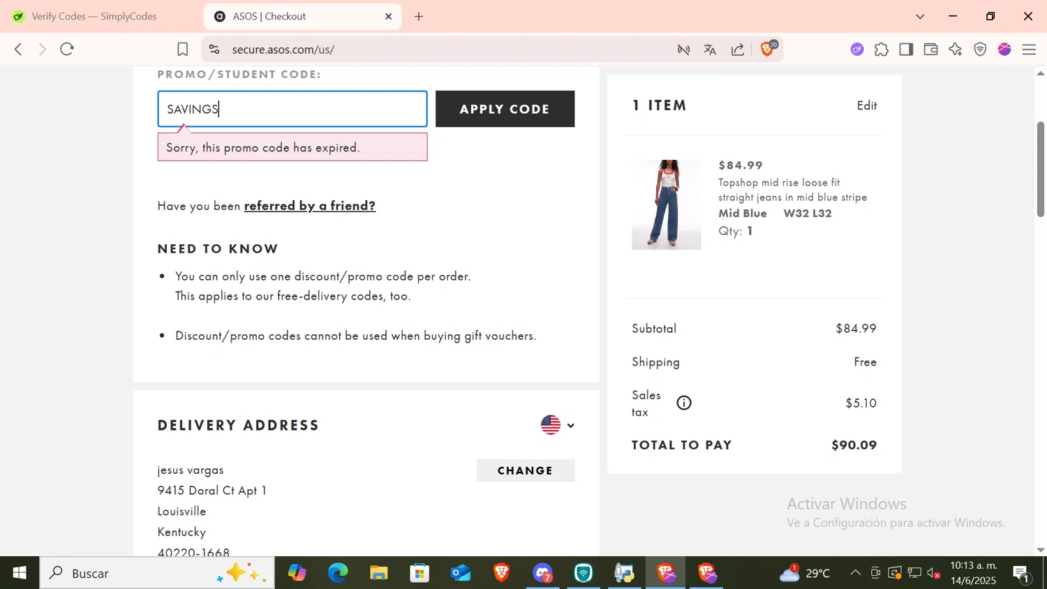 Topshop promo code screenshot showing code SAVINGS applied at Topshop checkout page. Uploaded by SimplyCodes community member CODMOBILE1 on Jun 14, 2025