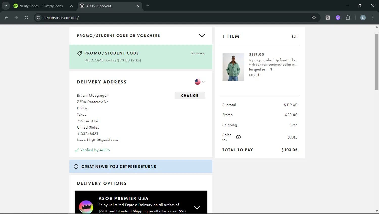 Topshop promo code screenshot showing code WELCOME applied at Topshop checkout page. Uploaded by SimplyCodes community member RoyalOwl5790 on Feb 20, 2026