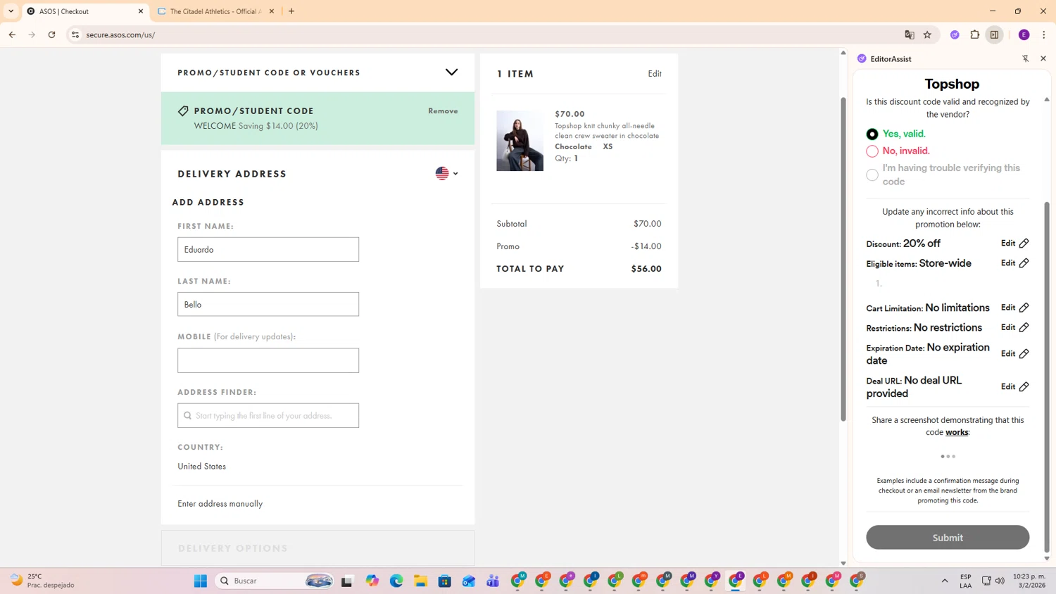 Topshop checkout page showing Topshop promo code box | Screenshot taken by SimplyCodes community member on Feb 4, 2026
