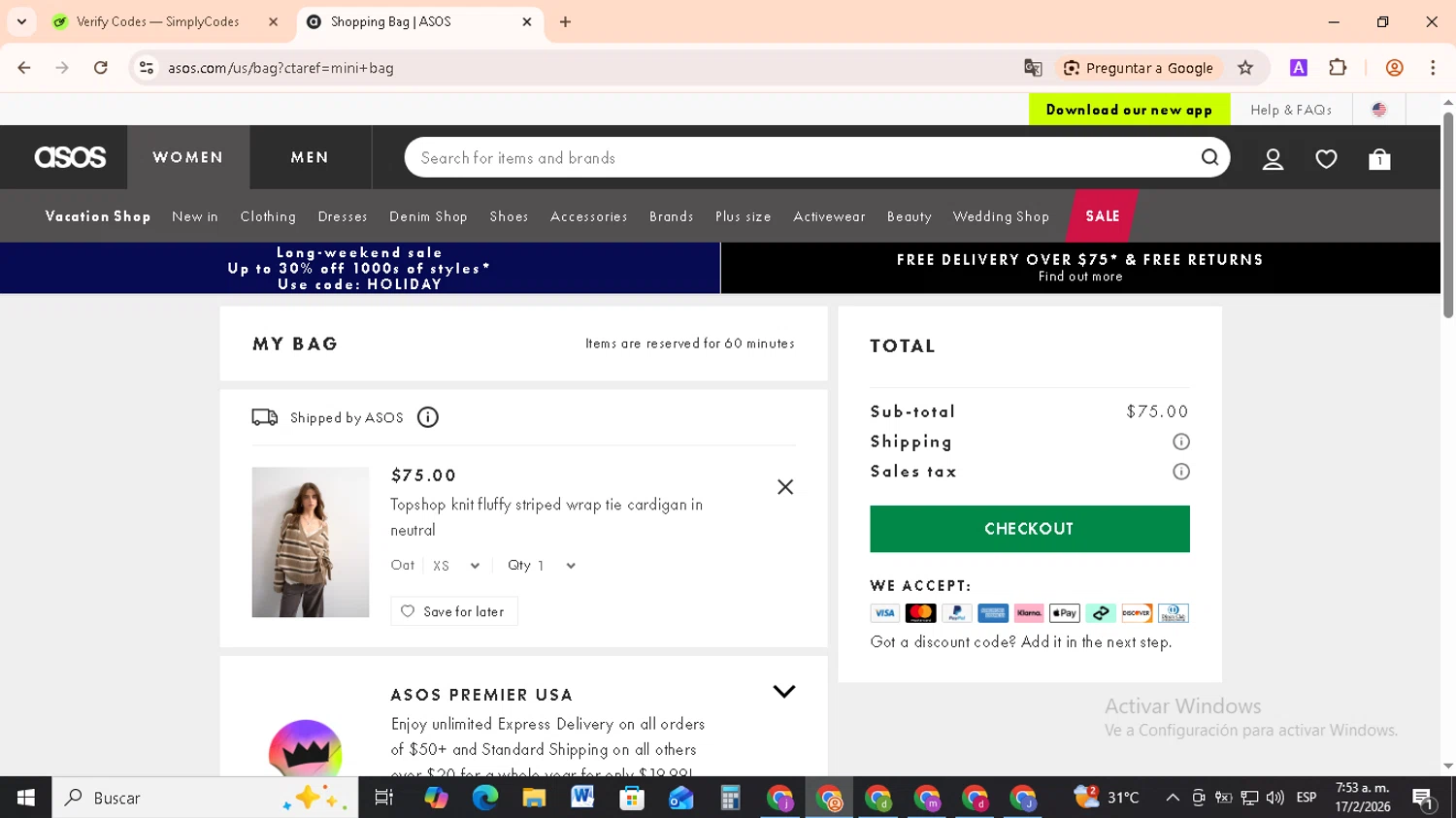 Topshop promo code screenshot showing code NEWHERE applied at Topshop checkout page. Uploaded by SimplyCodes community member RebateCollector5909 on Feb 17, 2026