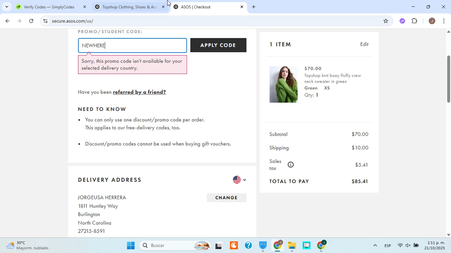 Topshop promo code screenshot showing code NEWHERE applied at Topshop checkout page. Uploaded by SimplyCodes community member jorgejavierherrera on Oct 21, 2025