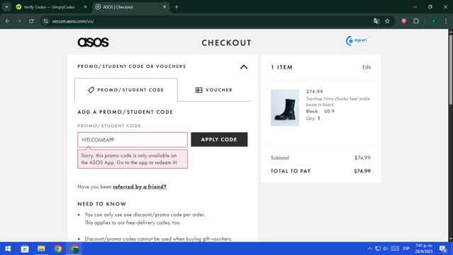 Topshop checkout page showing Topshop promo code box | Screenshot taken by SimplyCodes community member on Sep 28, 2025