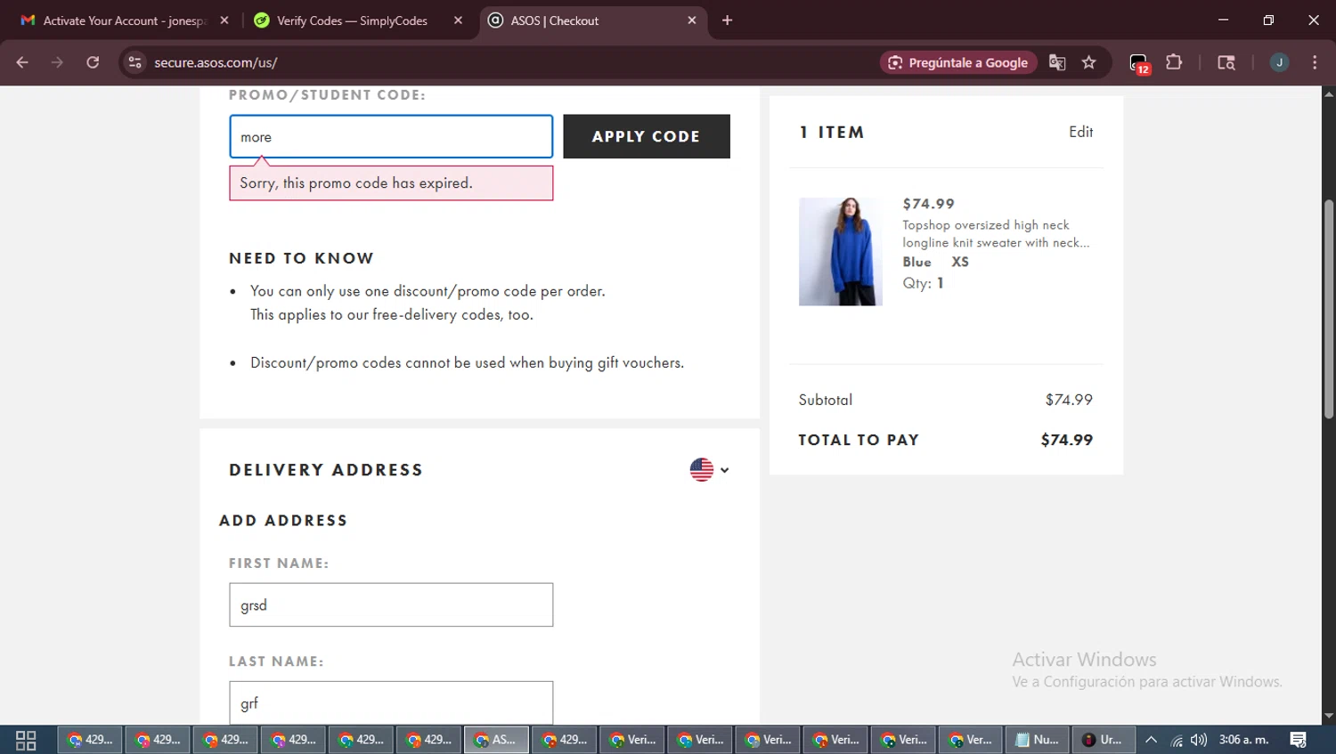 Topshop promo code screenshot showing code more applied at Topshop checkout page. Uploaded by SimplyCodes community member PrimeFox5260 on Dec 19, 2025