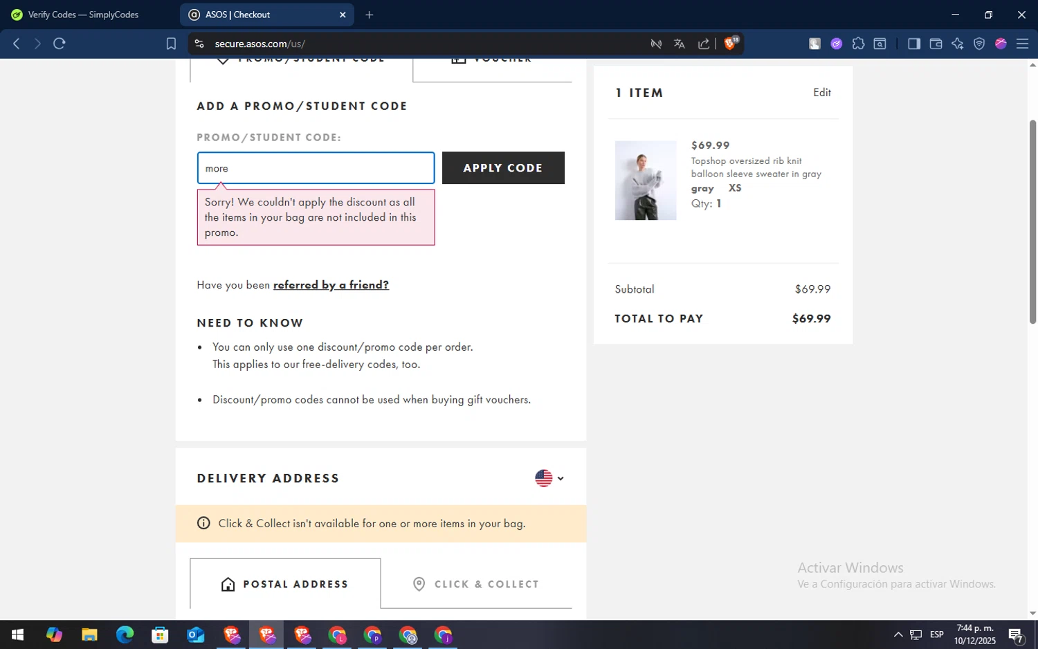 Topshop checkout page showing Topshop promo code box | Screenshot taken by SimplyCodes community member on Dec 10, 2025
