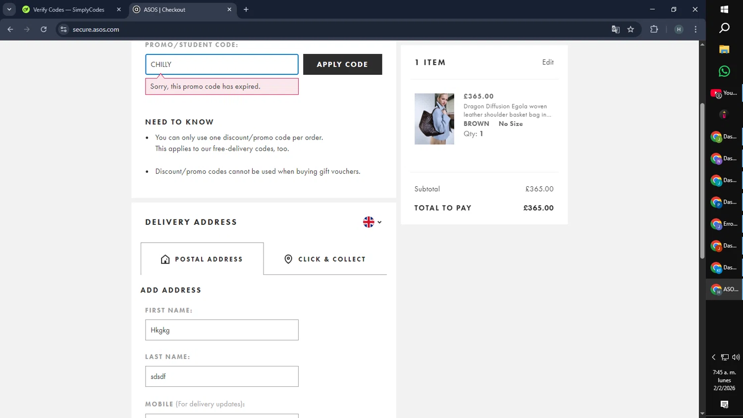 Topshop promo code screenshot showing code CHILLY applied at Topshop checkout page. Uploaded by SimplyCodes community member SmartMaverick5327 on Feb 2, 2026