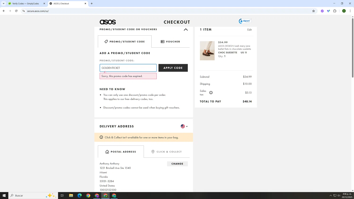 Topshop promo code screenshot showing code GOLDENTICKET applied at Topshop checkout page. Uploaded by SimplyCodes community member AnthonyGTX on Dec 20, 2025