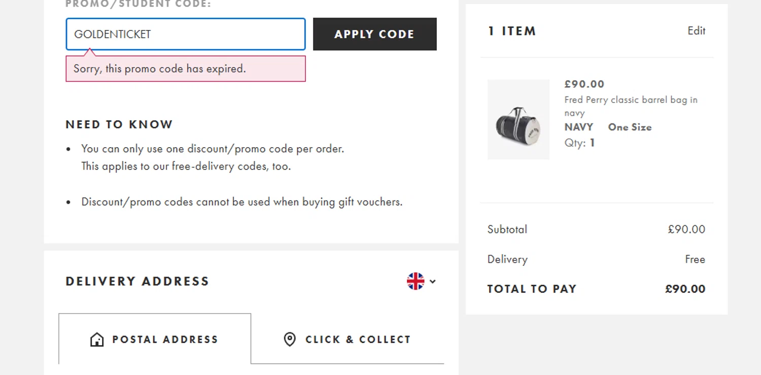 Topshop promo code screenshot showing code GOLDENTICKET applied at Topshop checkout page. Uploaded by SimplyCodes community member ElAuronPlay on Dec 21, 2025