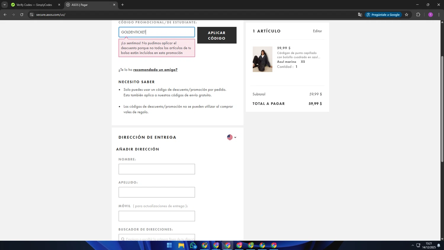 Topshop checkout page showing Topshop promo code box | Screenshot taken by SimplyCodes community member on Dec 14, 2025