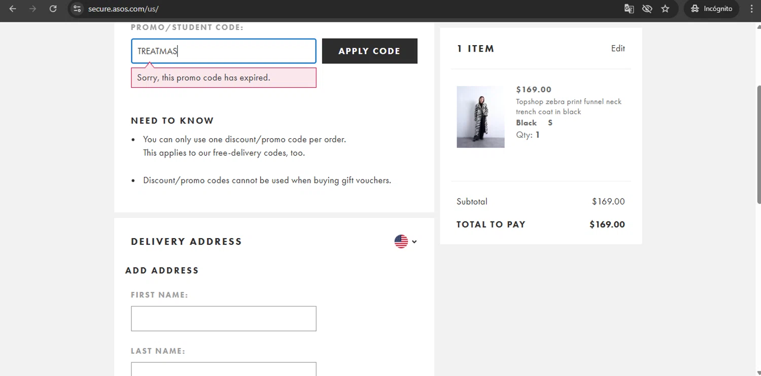 Topshop promo code screenshot showing code TREATMAS applied at Topshop checkout page. Uploaded by SimplyCodes community member UchihaMadara on Dec 20, 2025