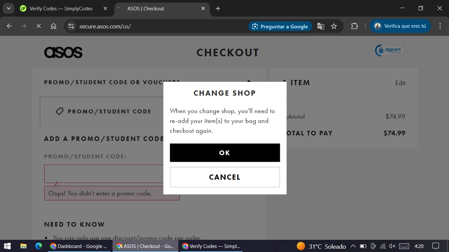 Topshop promo code screenshot showing code TREATMAS applied at Topshop checkout page. Uploaded by SimplyCodes community member ariannycfh on Dec 20, 2025