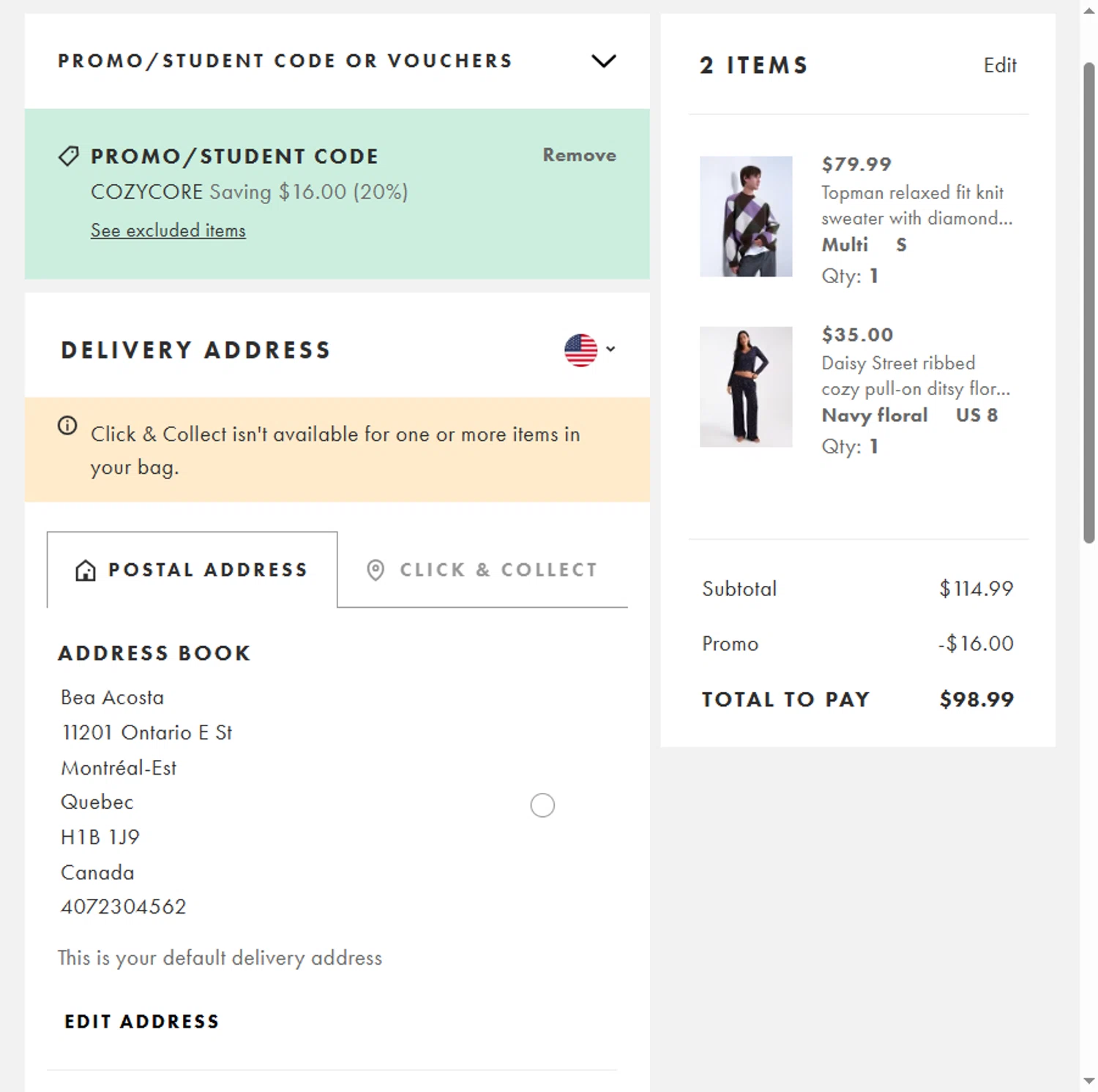 Topshop checkout page showing Topshop promo code box | Screenshot taken by SimplyCodes community member on Dec 20, 2025