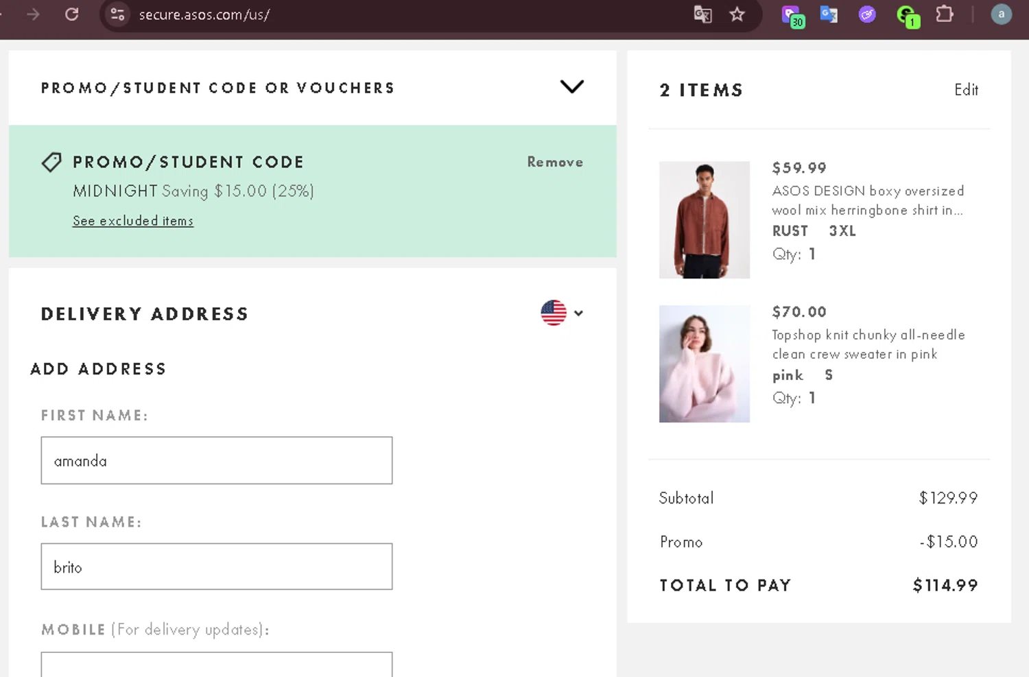 Topshop promo code screenshot showing code MIDNIGHT applied at Topshop checkout page. Uploaded by SimplyCodes community member carmenamandabritoser on Dec 21, 2025