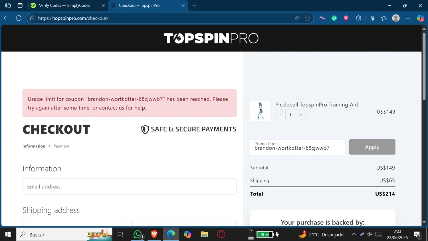 TopspinPro promo code screenshot showing code brandon-wortkotter-68cjwwb7 applied at TopspinPro checkout page. Uploaded by SimplyCodes community member Jeffersontorrealba on Jun 23, 2025