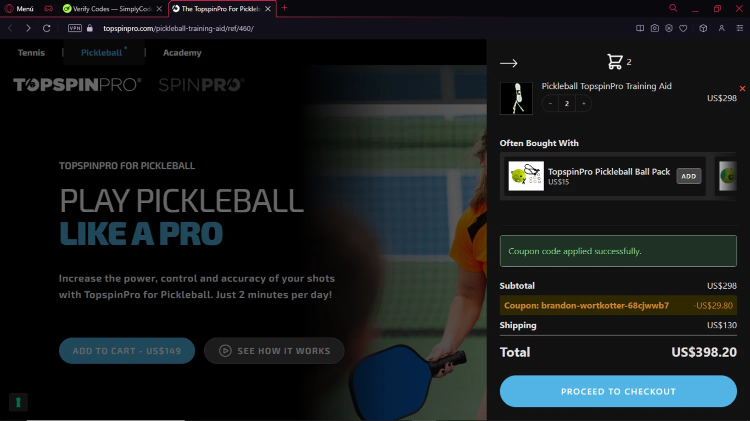 TopspinPro checkout page showing TopspinPro promo code box | Screenshot taken by SimplyCodes community member on Jan 24, 2025