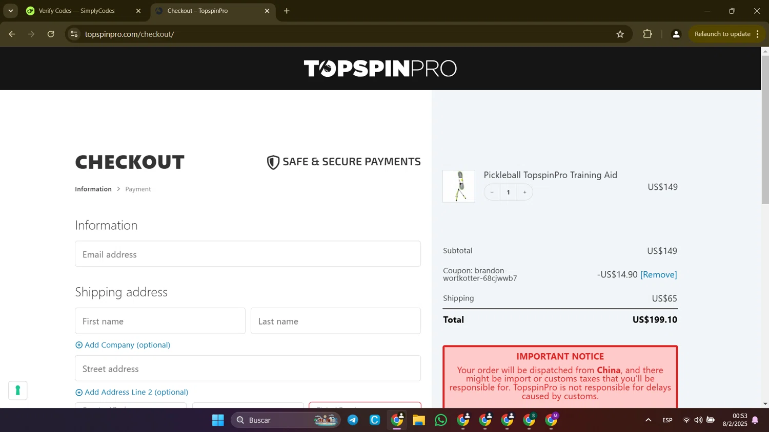 TopspinPro checkout page showing TopspinPro promo code box | Screenshot taken by SimplyCodes community member on Feb 8, 2025