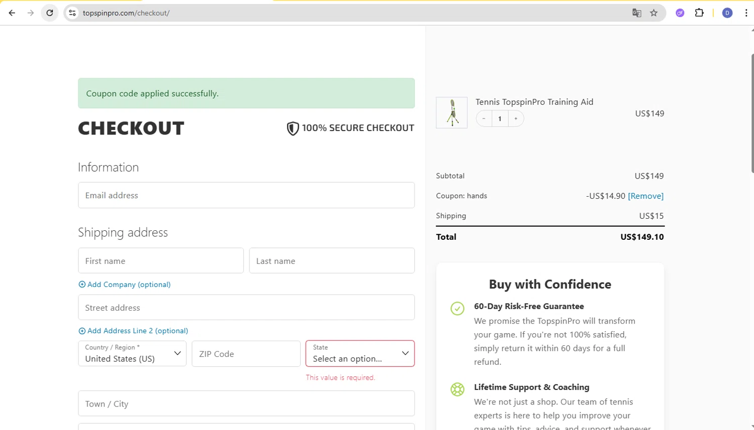 TopspinPro promo code screenshot showing code HANDS applied at TopspinPro checkout page. Uploaded by SimplyCodes community member d566ty on Dec 15, 2025