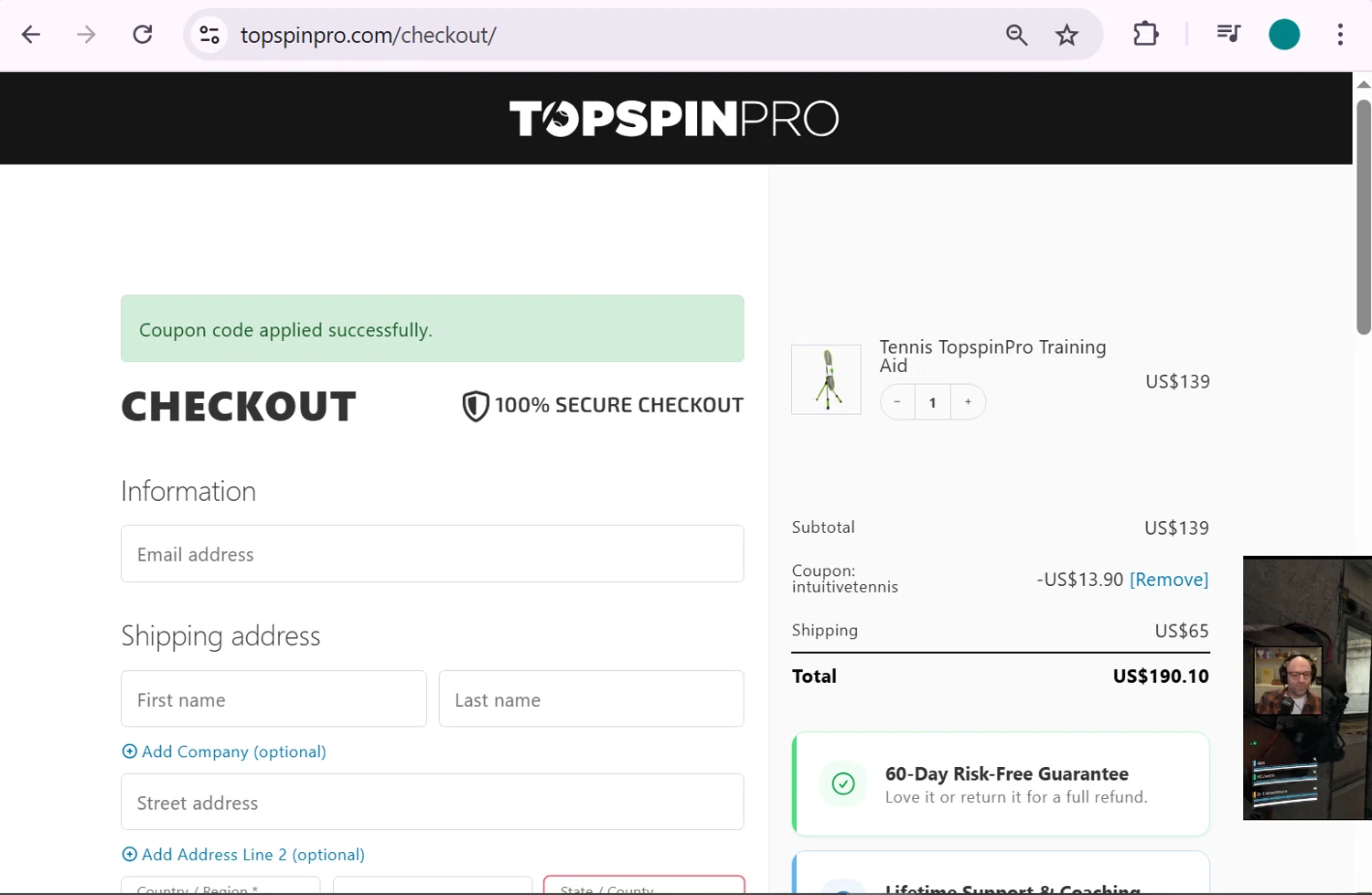 TopspinPro promo code screenshot showing code INTUITIVETENNIS applied at TopspinPro checkout page. Uploaded by SimplyCodes community member anosesmith on Dec 15, 2025