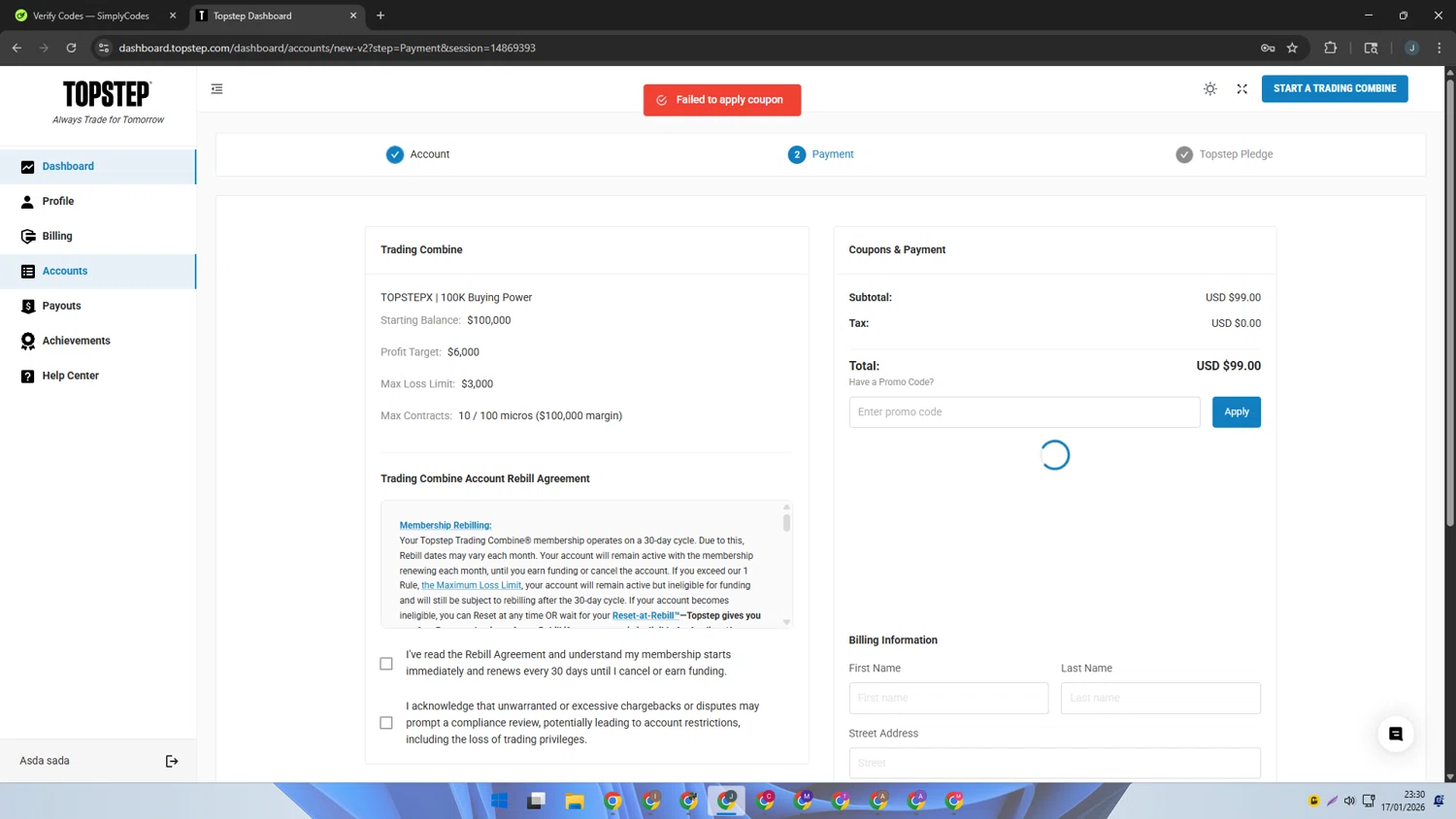 Topstep promo code screenshot showing code tradejune35 applied at Topstep checkout page. Uploaded by SimplyCodes community member AVATIGRITO on Jan 18, 2026