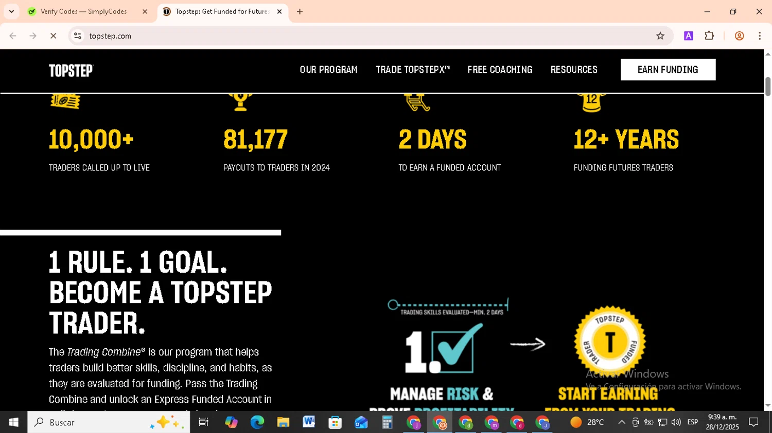 Topstep promo code screenshot showing code trade7656 applied at Topstep checkout page. Uploaded by SimplyCodes community member RebateCollector5909 on Dec 28, 2025