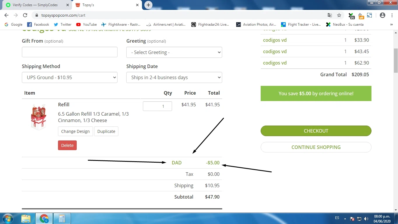 Topsy's Popcorn checkout page showing Topsy's Popcorn promo code box | Screenshot taken by SimplyCodes community member on Jun 4, 2020