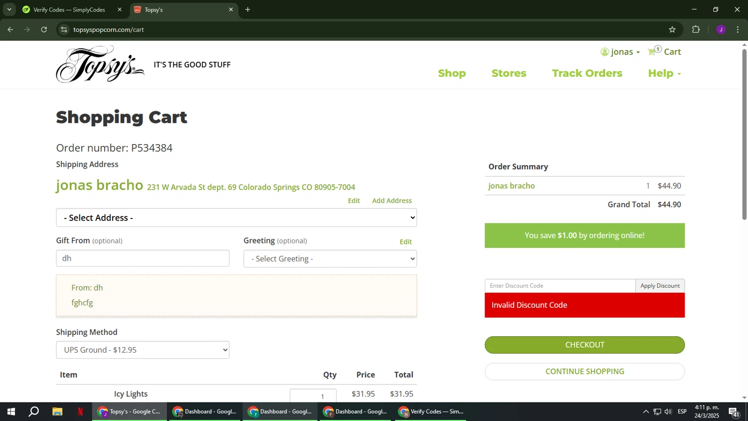Topsy's Popcorn promo code screenshot showing code GIFT applied at Topsy's Popcorn checkout page. Uploaded by SimplyCodes community member ComeBurra123 on Mar 24, 2025