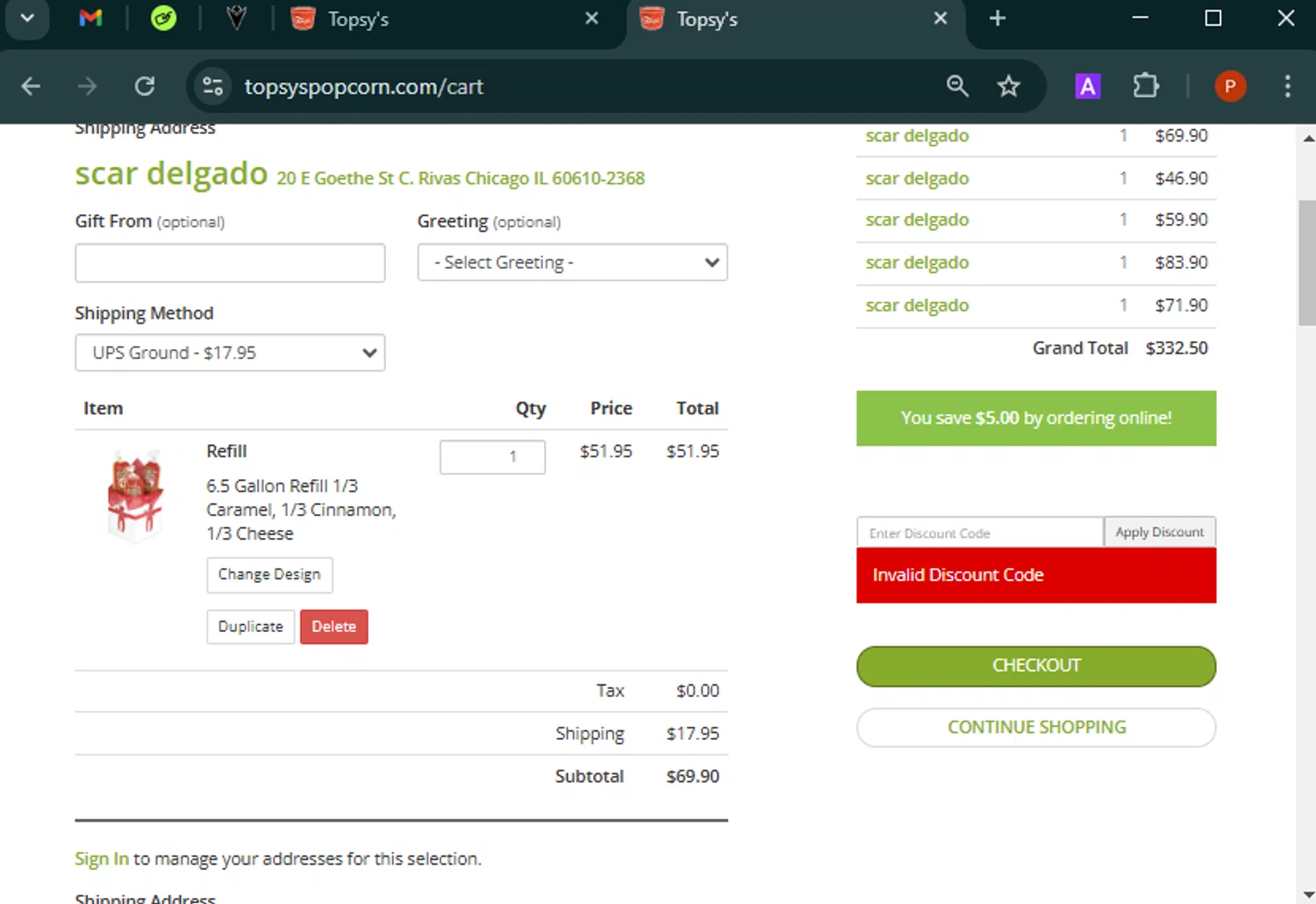 Topsy's Popcorn promo code screenshot showing code GIFT applied at Topsy's Popcorn checkout page. Uploaded by SimplyCodes community member Isabelle_adjanichamber on Jan 27, 2025