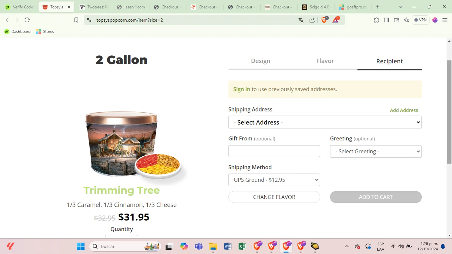 Topsy's Popcorn checkout page showing Topsy's Popcorn promo code box | Screenshot taken by SimplyCodes community member on Dec 19, 2024