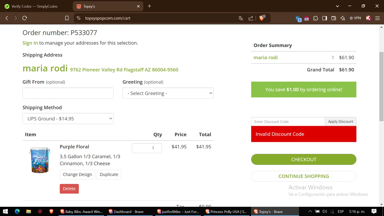 Topsy's Popcorn promo code screenshot showing code GIFT applied at Topsy's Popcorn checkout page. Uploaded by SimplyCodes community member ThriftyGenius6699 on Jan 27, 2025