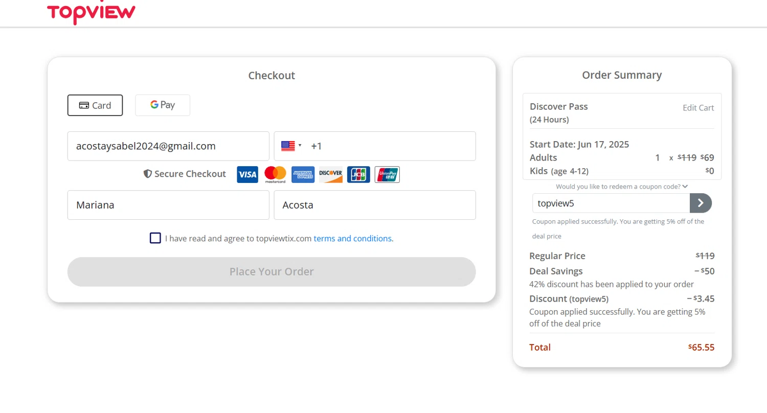 TopView discount code screenshot showing code topview5 applied at TopView checkout page. Uploaded by SimplyCodes community member Gray_75 on Jun 16, 2025