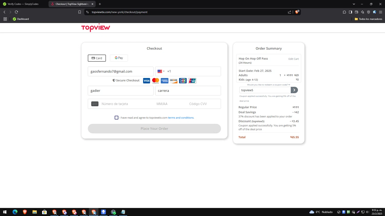 TopView discount code screenshot showing code topview5 applied at TopView checkout page. Uploaded by SimplyCodes community member PrimeExpert2544 on Feb 24, 2025