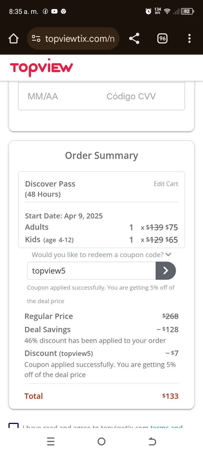 TopView discount code screenshot showing code topview5 applied at TopView checkout page. Uploaded by SimplyCodes community member GoshMitico on Apr 8, 2025