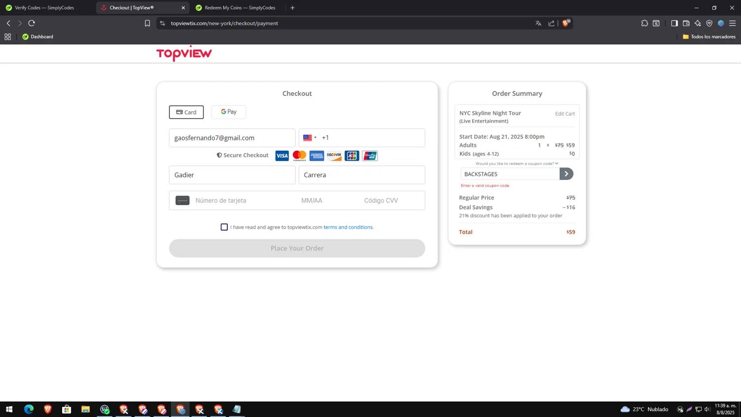 TopView discount code screenshot showing code BACKSTAGE5 applied at TopView checkout page. Uploaded by SimplyCodes community member MagnificentAce6663 on Aug 8, 2025