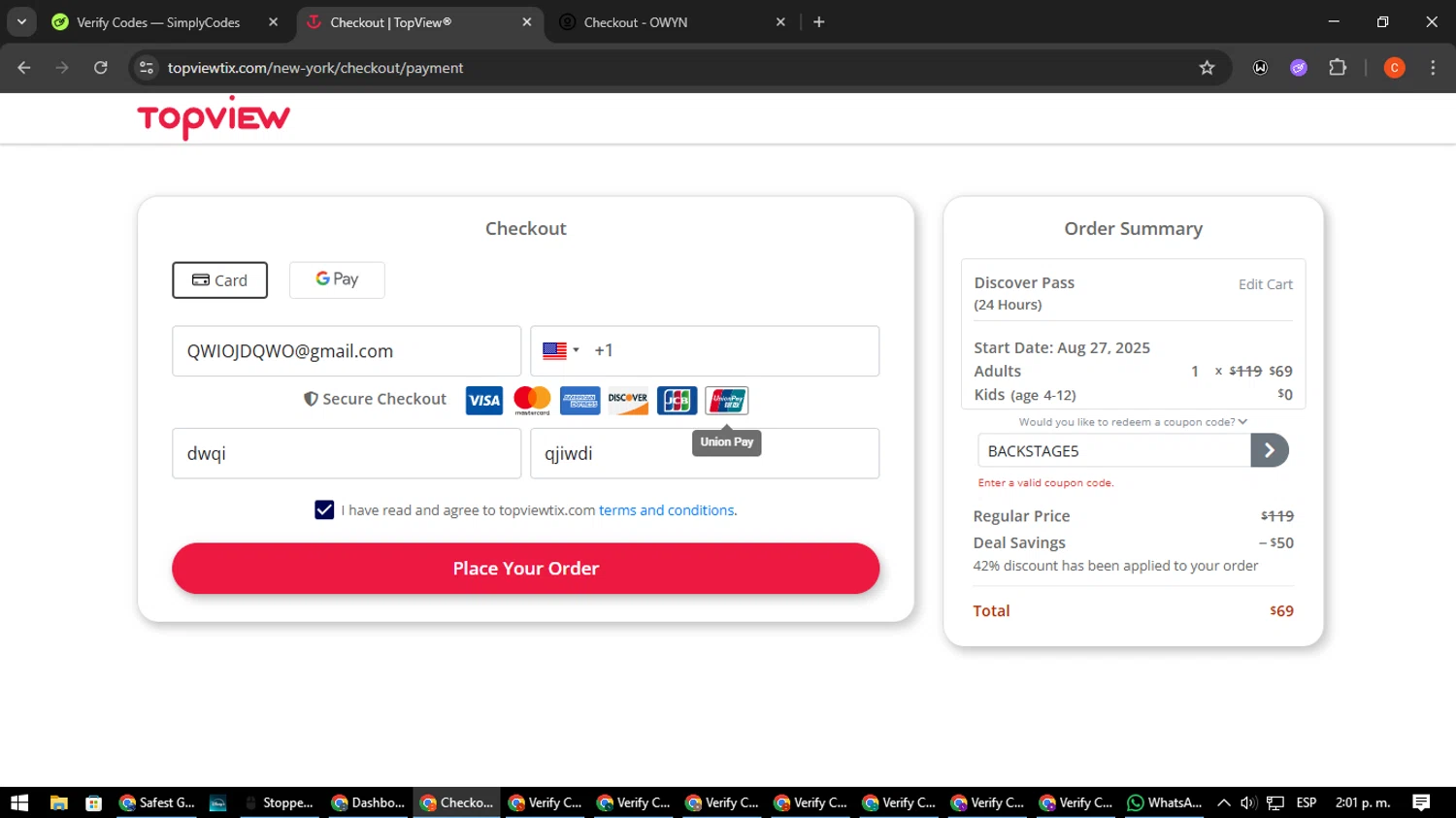 TopView discount code screenshot showing code BACKSTAGE5 applied at TopView checkout page. Uploaded by SimplyCodes community member NatanaelCano on Aug 8, 2025