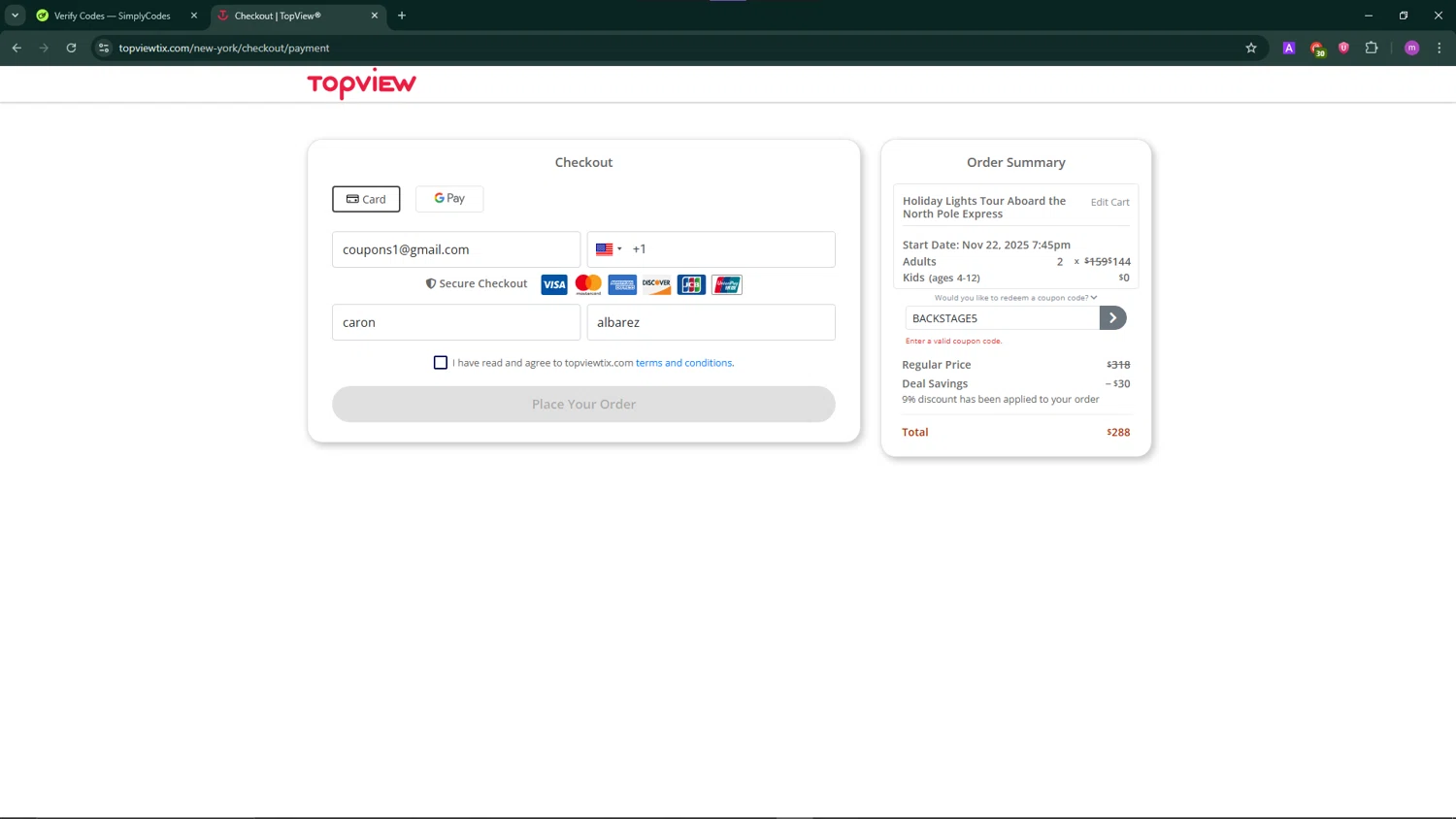 TopView discount code screenshot showing code BACKSTAGE5 applied at TopView checkout page. Uploaded by SimplyCodes community member TokenChaser4876 on Aug 8, 2025