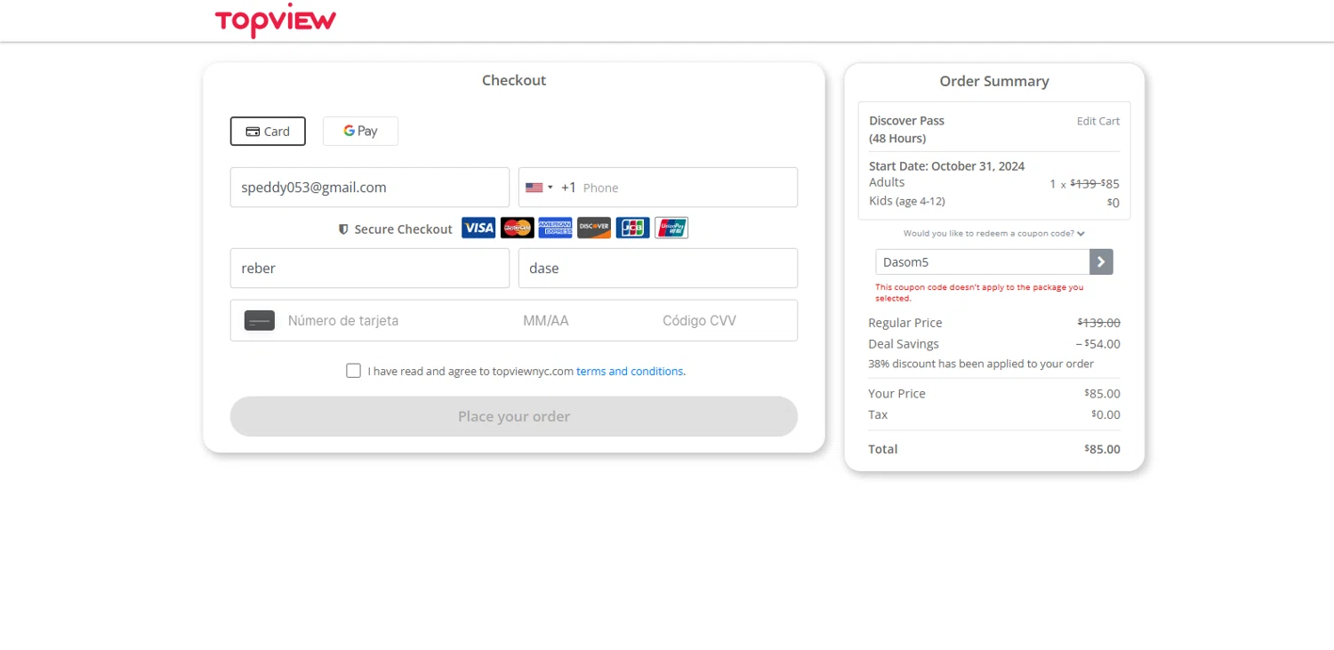TopView checkout page showing TopView discount code box | Screenshot taken by SimplyCodes community member on Oct 29, 2024