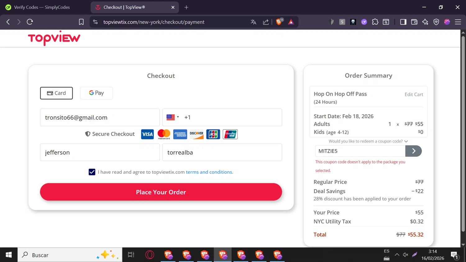 TopView discount code screenshot showing code MITZIE5 applied at TopView checkout page. Uploaded by SimplyCodes community member elizabethjames on Feb 16, 2026