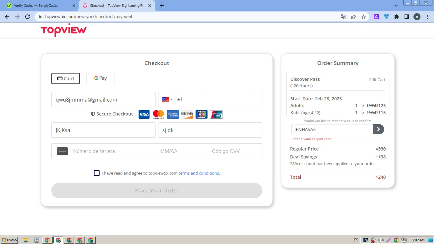TopView discount code screenshot showing code JENHAVA5 applied at TopView checkout page. Uploaded by SimplyCodes community member MightyPro980 on Feb 23, 2025