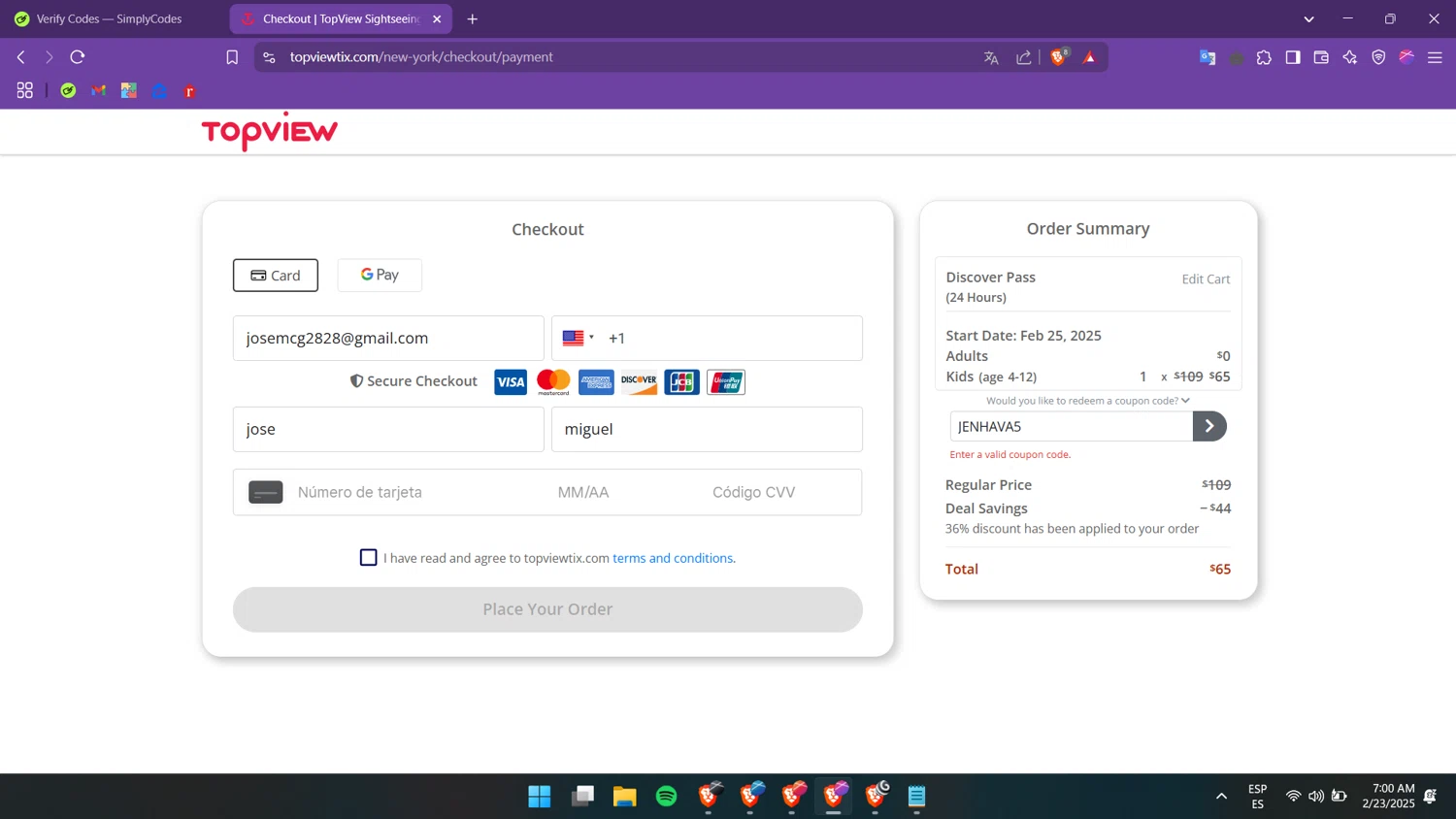 TopView discount code screenshot showing code JENHAVA5 applied at TopView checkout page. Uploaded by SimplyCodes community member luigii on Feb 23, 2025