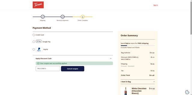 Torani checkout page showing Torani promo code box | Screenshot taken by SimplyCodes community member on Jul 15, 2025