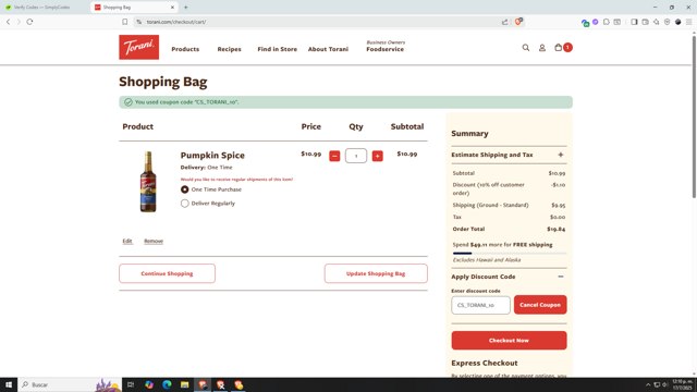 Torani checkout page showing Torani promo code box | Screenshot taken by SimplyCodes community member on Jul 17, 2025