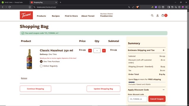 Torani checkout page showing Torani promo code box | Screenshot taken by SimplyCodes community member on Jul 17, 2025